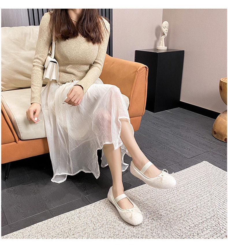 Giày búp bê nữ có lông nơ một quai, đế bệt giữ ấm, cỡ lớn — Màu hồng, Màu trắng chi tiết 14