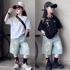 男女童夏季休闲潮酷树叶印花短袖T恤中大童百搭牛仔五分裤两件套9