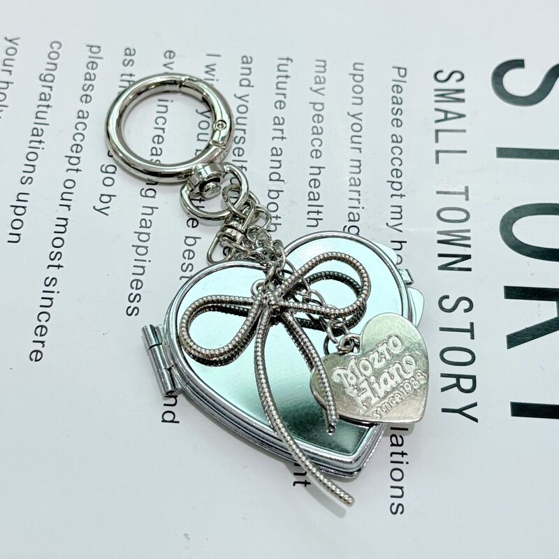 New Korean Style Ins Style Simple Bow Heart-Shaped Mirror Bag Pendant Portable Mirror Keychain Fashion