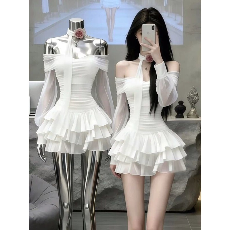 White off-shoulder ruffle long-sleeve dress for women, new autumn and winter princess-style party dress, cake-style puffy skirt