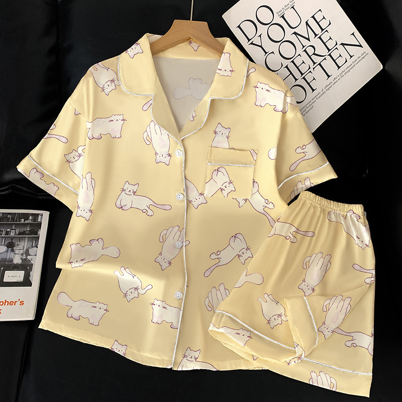 High-value naughty kitten ice silk pajamas women's summer short-sleeved two-piece cute student home clothes real shot wholesale