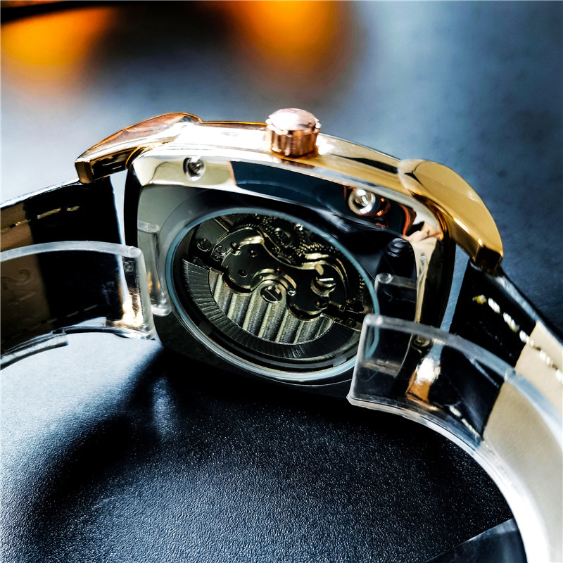 Ogulas reloj cuadrado de los hombres gran dial hueco transparente reloj mecánico automático de gama alta de cuero casual reloj de los hombres