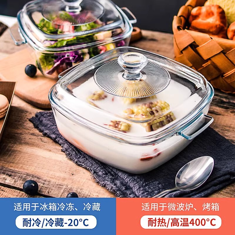 High Temperature Resistant Crystal Glass Pot Oven Microwave Oven Special Tableware with Lid Steam Stew Plate Double-Eared Soup Bowl Phoenix