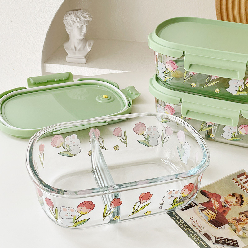 Household Food-Grade Glass Crisper, High-Looking Lunch Box with Lid, Divided Lunch Box, Microwaveable Lunch Box