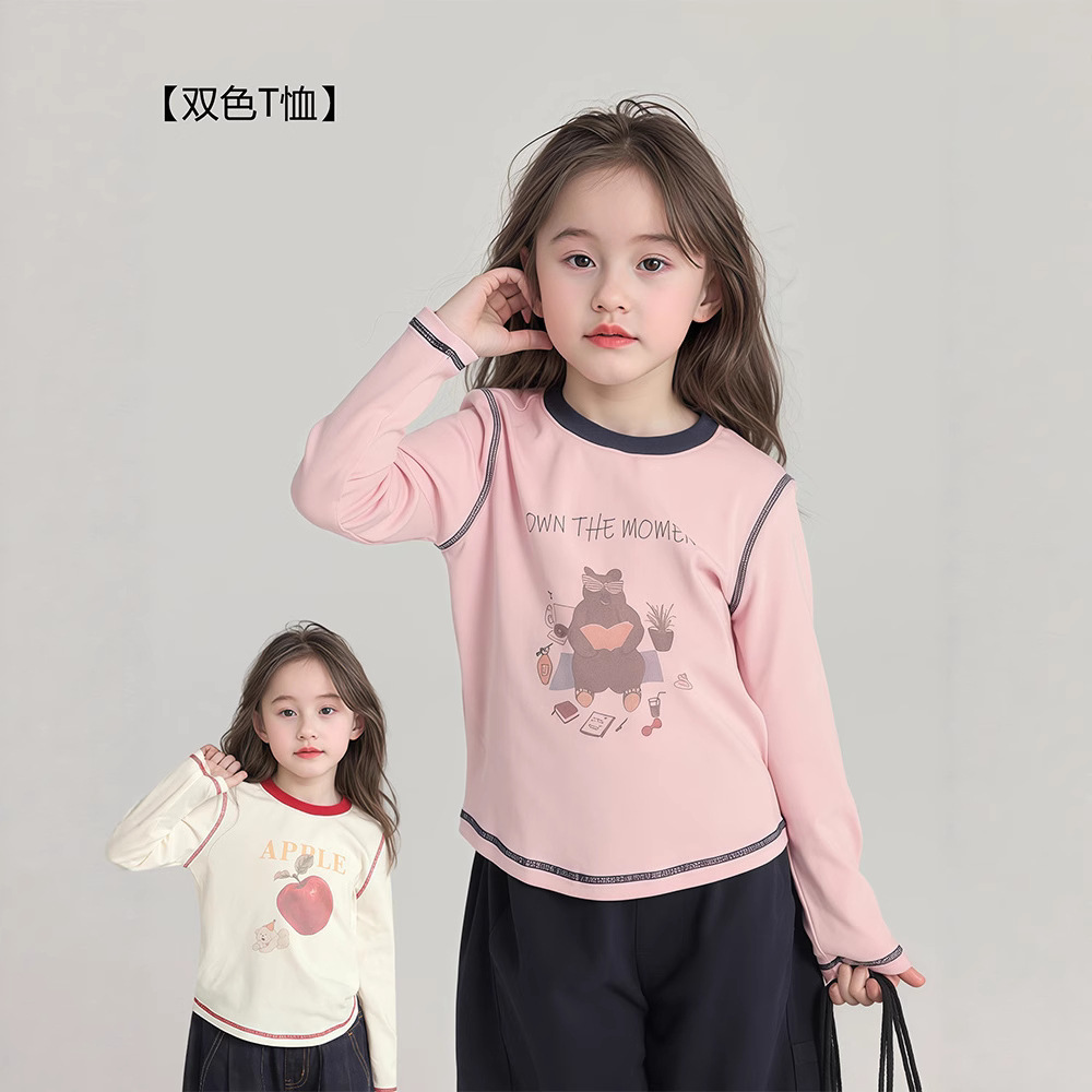 儿童莱卡棉印花长袖t恤女童秋款圆领卡通上衣 休闲打底批发