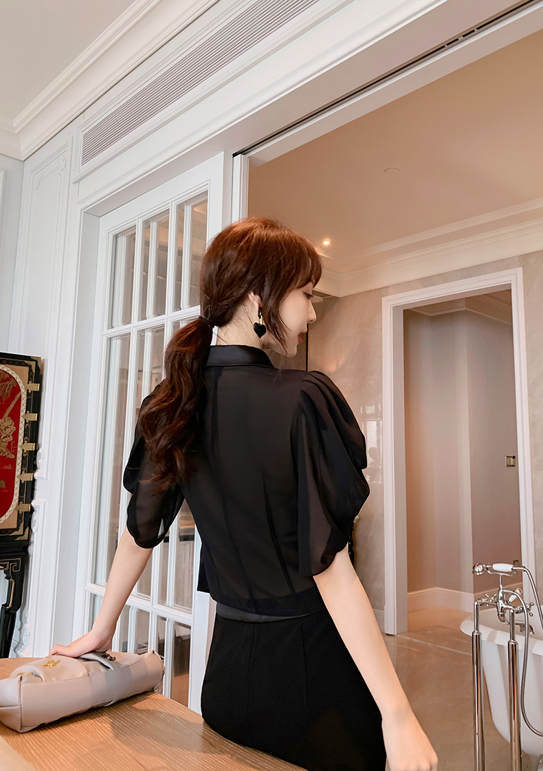 Bộ trang phục nữ thần thon eo, phong cách thanh lịch trưởng thành, quần áo hai mảnh công sở mùa hè — Màu đen chi tiết 6
