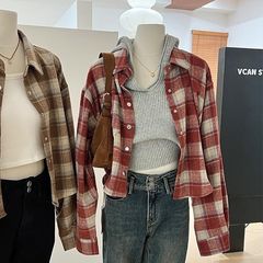 春秋新款磨毛格子衬衫外套女冬宽松小个子叠穿复古短款格纹衬衣厚
