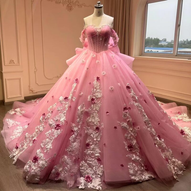 Mesh off-shoulder Trailing Bridal Evening Dress Birthday Party Adult Ceremony Princess Dress Three-dimensional Floral Dress