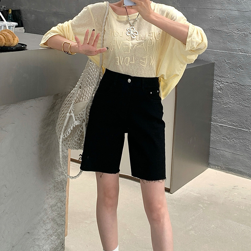 Umaniti Four-Way Stretch Black Shorts 2025 New Style Ripped Frayed High-Waisted Straight-Leg Slimming Denim Shorts for Women