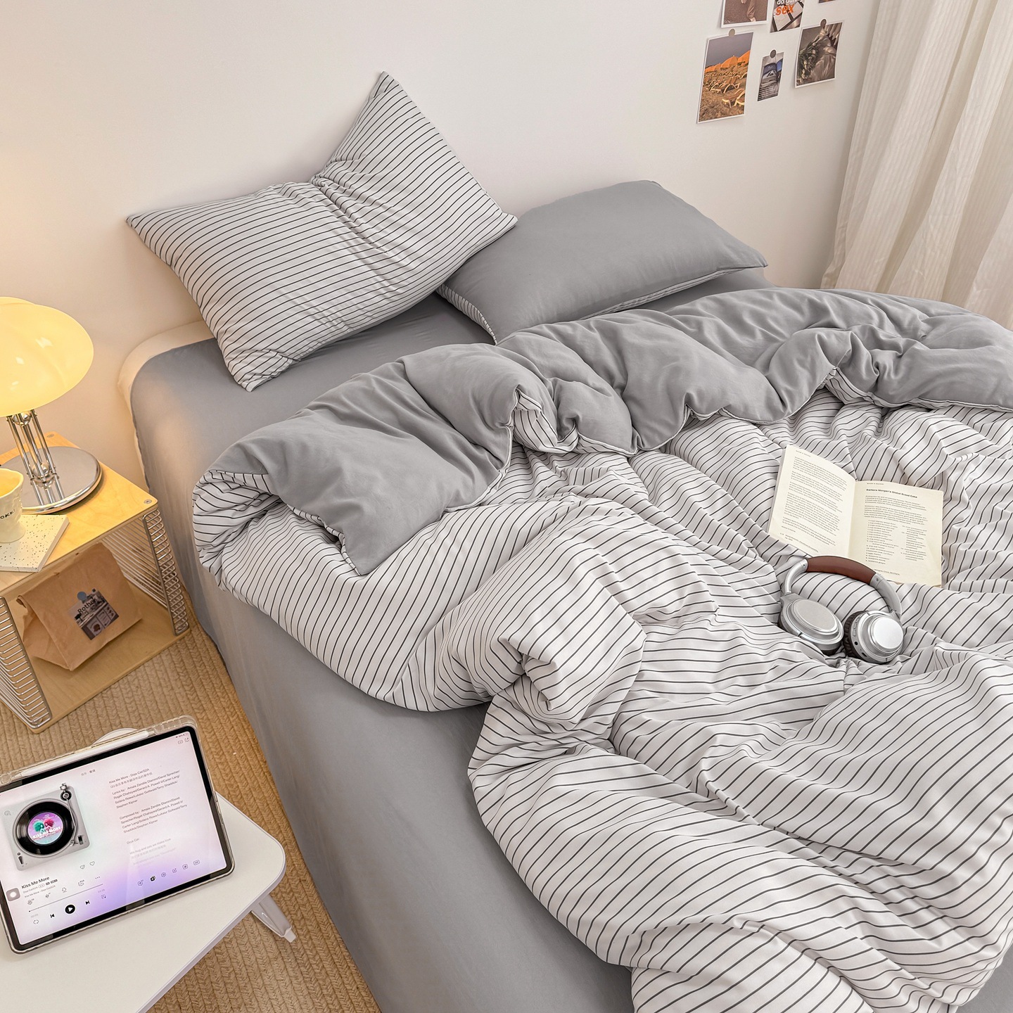 Minimalist Two-tone Washed Cotton Four-piece Bedding Set Home_voghion.com