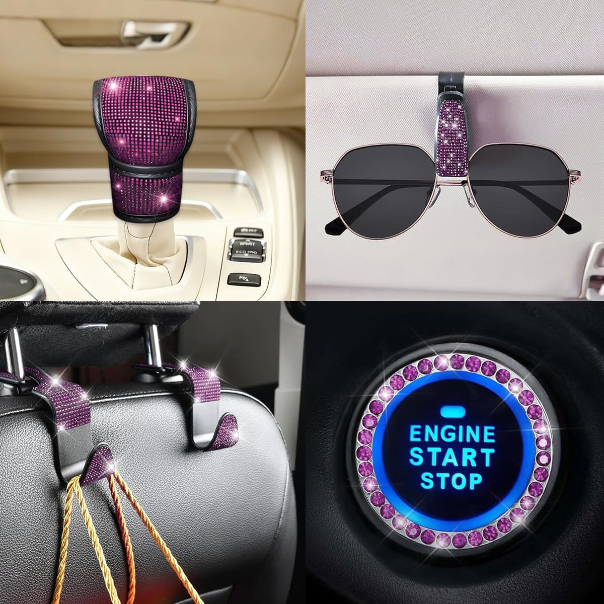 11-Piece Car Interior Set with Diamond-Encrusted Steering Wheel Cover, Car Hook, Glasses Holder, One-Touch Start Ring