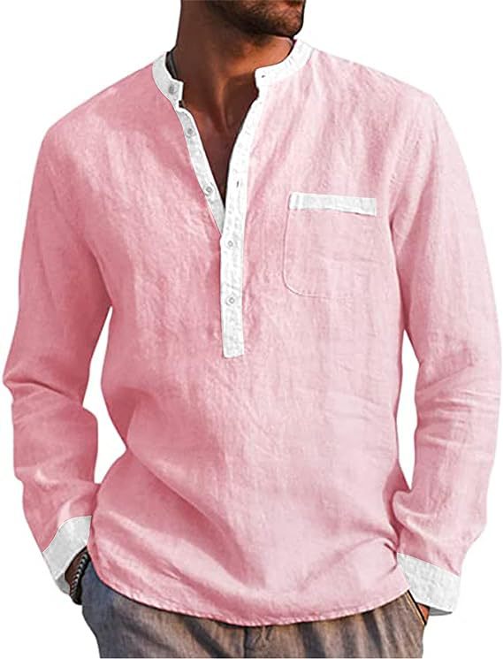Camisa Henley de manga larga para hombres de temperamento transfronterizo europeo y americano de algodón y lino cómoda camisa de costura transpirable para hombres