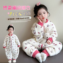 女宝宝加厚睡袋秋冬款婴幼儿防着凉加绒爬服女童连体衣儿童法兰绒