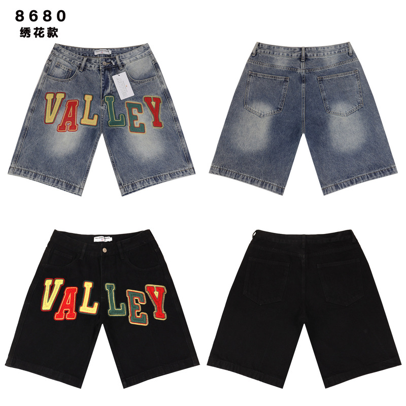 26Ss Cross-Border Foreign Trade Vale Forever Skittle American Fashion High Street Retro Washed Embroidered Denim Shorts