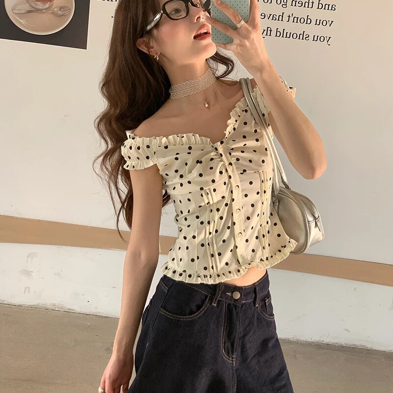Pmiyc Summer New Product French Retro Polka Dot Top Short-Sleeved Women's Lace Slimming and Age-Reducing Elegant Shirt Pmiyc Summer New Product French Retro Polka Dot Top Short-Sleeved Women's Lace Slimming and Age-Reducing Elegant Shirt