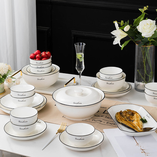  new dish set Nordic style household ceramic tableware simple rice bowl plate soup noodle bowl microwaveable