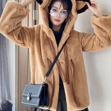 ZNF速卖通亚马逊跨境人造毛连帽小熊耳朵毛毛仿皮草兔毛绒外套