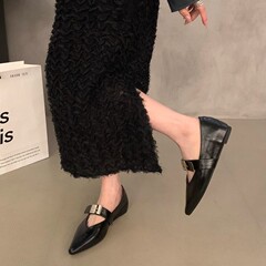 法式尖头玛丽珍鞋女内增高金属扣银色秋季新款平软底单鞋小皮鞋子
