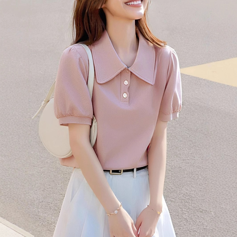 翻领泡泡袖短袖T恤女2025夏上衣显瘦通勤百搭polo领宽松休闲衬衫|undefined