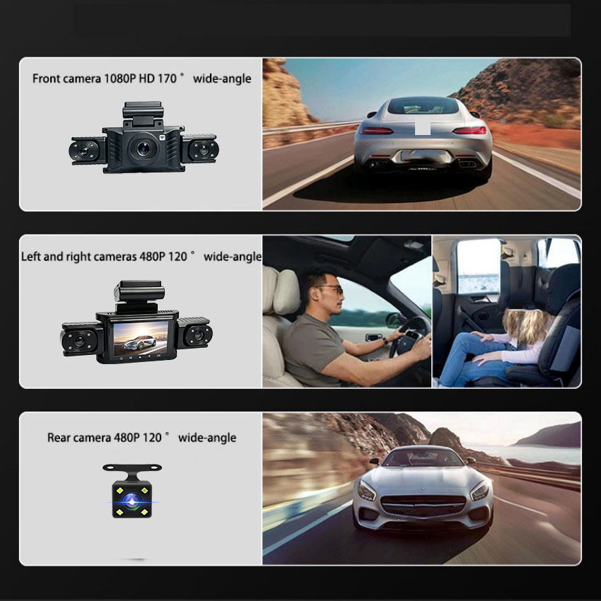 Four-lens dashcam with high-definition night vision, radar, anti-collision features, sentinel mode, and parking monitoring