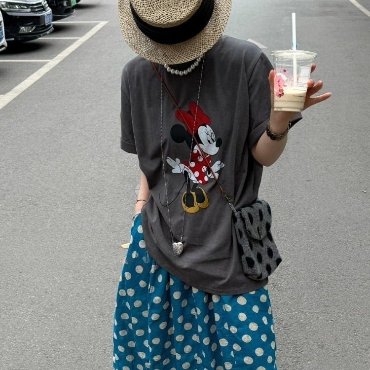 Fat mm Extra Large Size 150kg Cute Mickey Printed Short-Sleeved T-Shirt Women's Summer New Unique Niche Loose Top