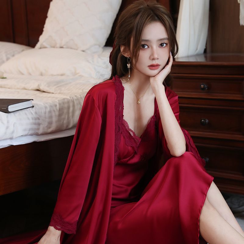 高级感冰丝绸长款睡裙女夏法式复古薄款仿真丝吊带裙睡袍套装春秋|undefined