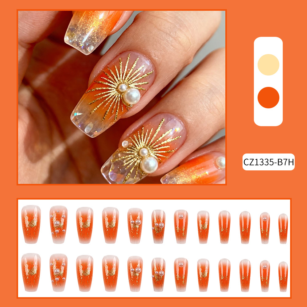 3D oro perla naranja oro fuegos artificiales manicuras comercio exterior acondicionado caliente lujo para usar manicuras de uñas 24 piezas de parche de uñas