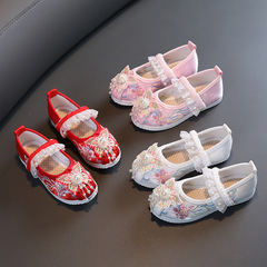 Spring Girl's Hanfu Shoes Children Old Beijing Soft Sole Cloth Shoes Ancient Style Embroidered Shoes Cute Baby Princess Shoes