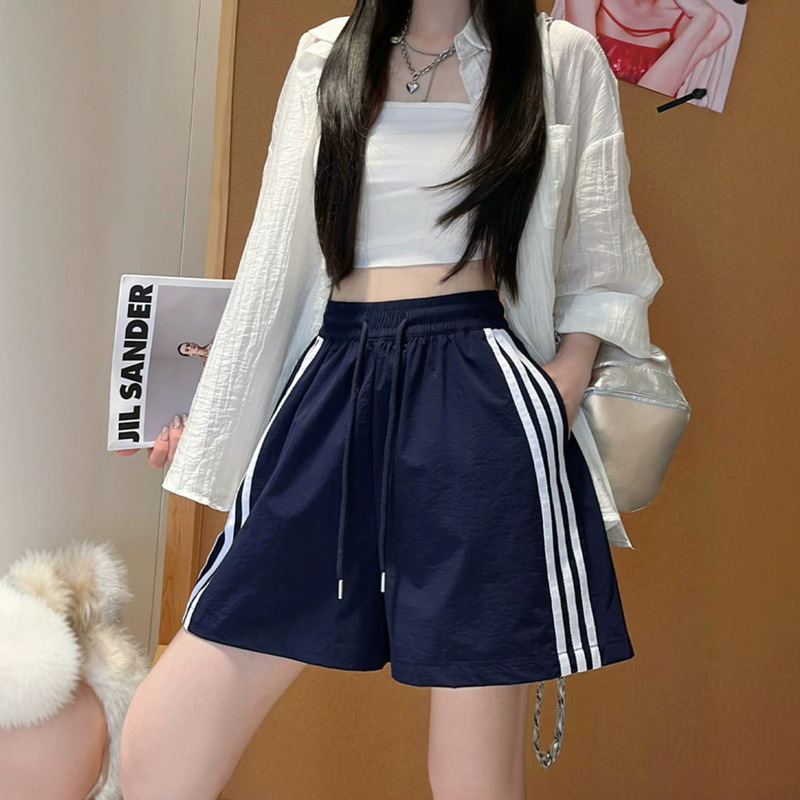 Navy Blue American-Style Drawstring Loose Wide-Leg Pants for Women, Summer 2026 New Style, Petite Sports Slimming Quick-Dry Shorts
