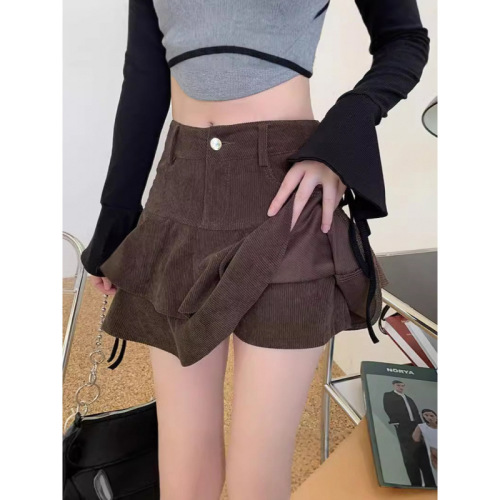 Fish Tail Skirt Semi-Annual Women's Autumn/Winter High-Waist Petite Double Layer A-Line Fluffy Corduroy Short Skirt
