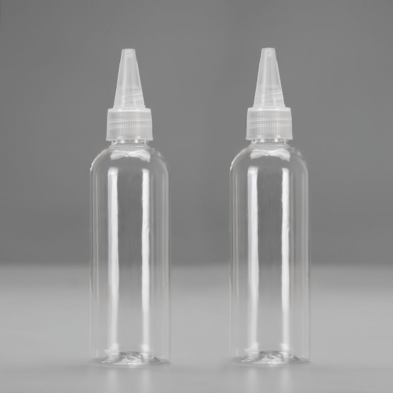 En stock 100mL botella puntiaguda botella de plástico PET transparente botella de boca pequeña botella de boca puntiaguda botella de pigmento pintado