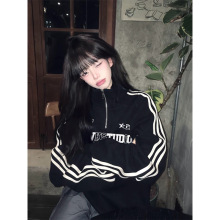 半拉链立领卫衣女秋冬加绒加厚oversize美式高街无帽潮牌黑色上衣