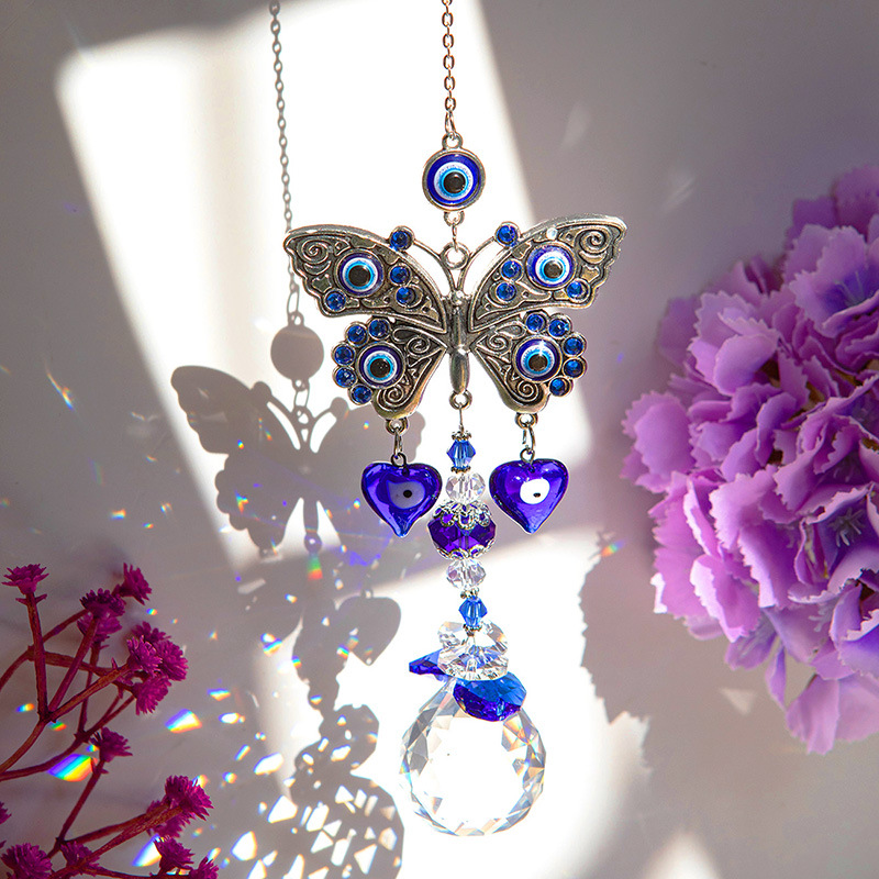 64g Weight Suncatcher, Wind Chime Home Textiles & Decor Type Crystal Pendant Classification 1 Piece Quantity Casual, Holiday, Daily Occasion Alloy, Crystal Material Devil's Eye, Butterfly Pattern Elegant, Pastoral Style Elegant Pastoral Devil's Eye Butterfly Alloy Crystal Suncatcher Wind Chime Wall Art 2