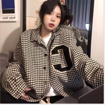 壹件代發2021秋冬新品千鳥格粗花呢上衣女百搭加厚短款夾克外套