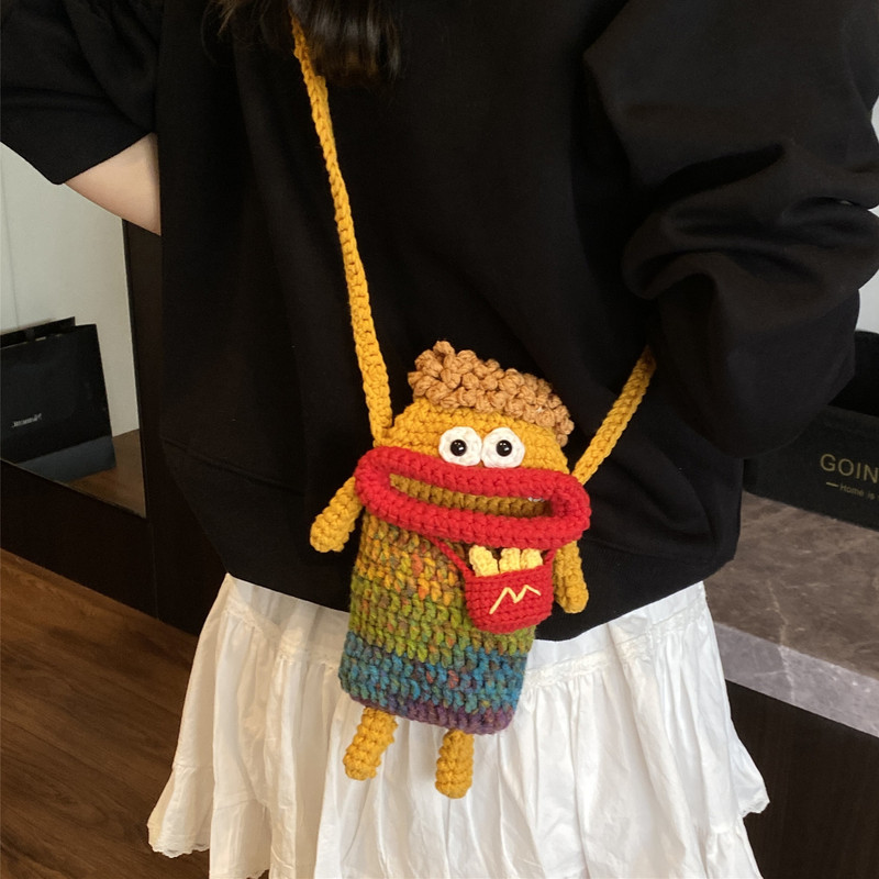 Wool Crocheted Sausage Mouth Phone Bag Finished Hand-woven Ugly Cute Crossbody Bag Women's Bag Children's Coin Purse