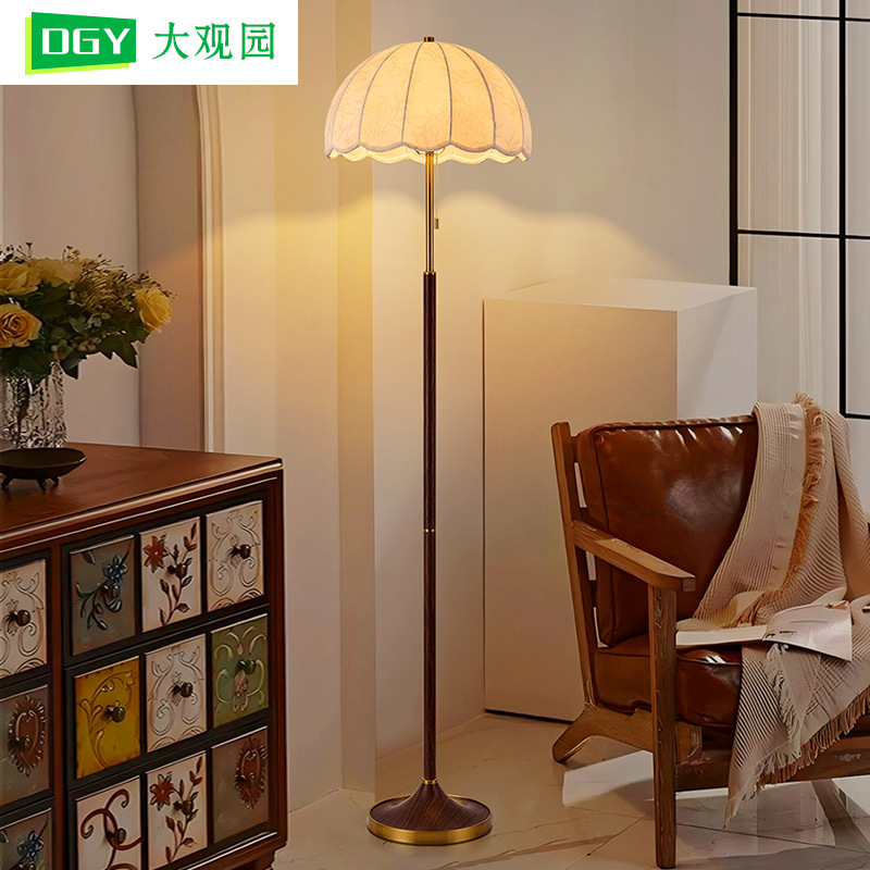 大观园复古落地灯沙发旁美式布艺高级感实木卧室灯中古风灯具L535