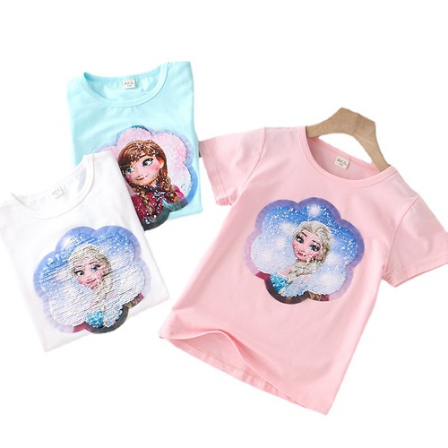 Girls color-changing sequined T-shirt little girl short-sleeved top summer new Korean style half-sleeved cotton