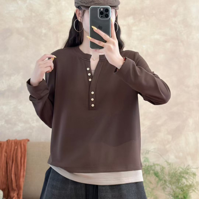 假两件撞色拼接上衣女 2025秋新款韩版宽松休闲百搭加绒打底衫|undefined