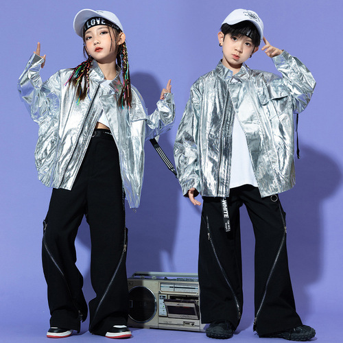 Children's hiphop rapper singers street dance costumes for girls kids boys hip-hop cool shiny leather jacket and work pants set gogo dancers dance outfits for kids