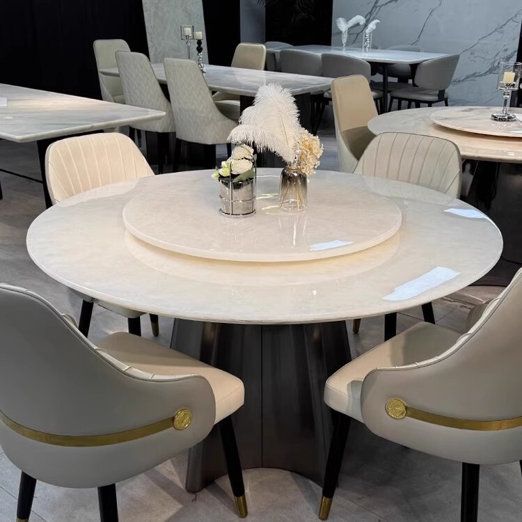 White Ice Jade Natural Luxury Stone Round Dining Table and Chair Set for Villa, High-End Large Dining Room with Marble Turntable