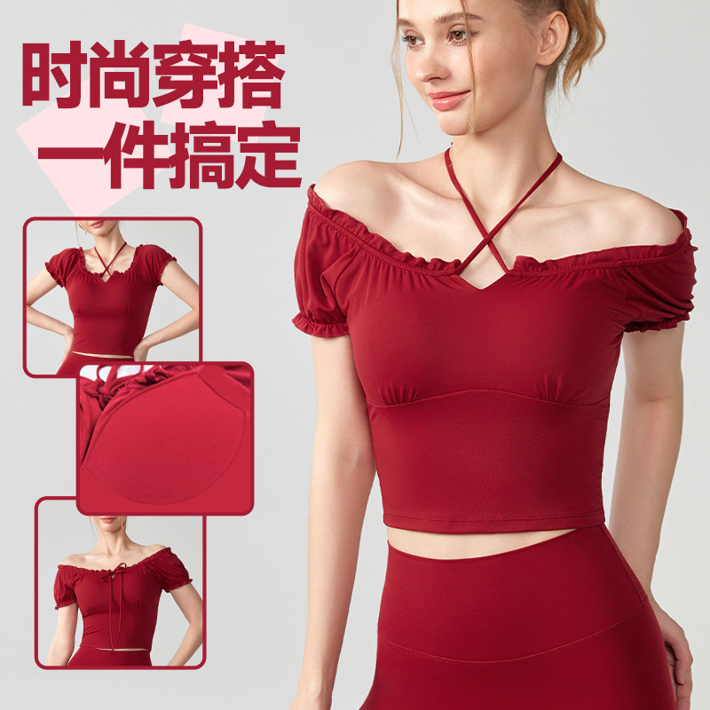 Spring and Summer Yoga Clothes Short-sleeved Women's All-match Shoulder Outer Wear Shoulder Pure Desire Sling Fixed Cup Sports Bra for Women