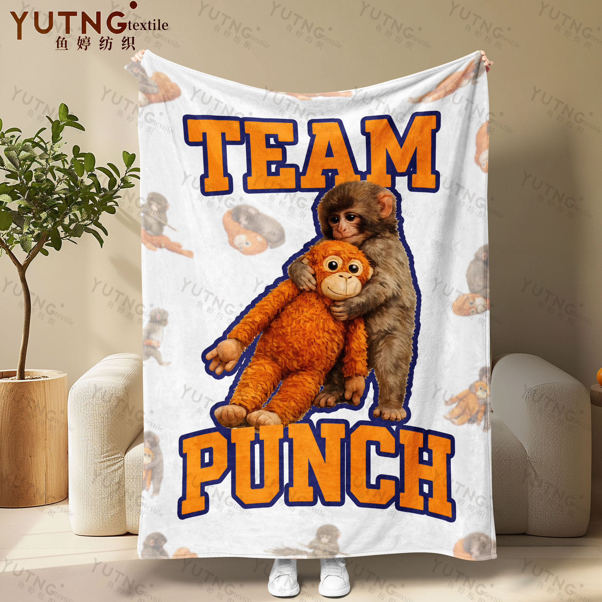 卡通猴子 TEAM PUNCH 印花法兰绒毯卧室沙发午睡披肩多功能毯子