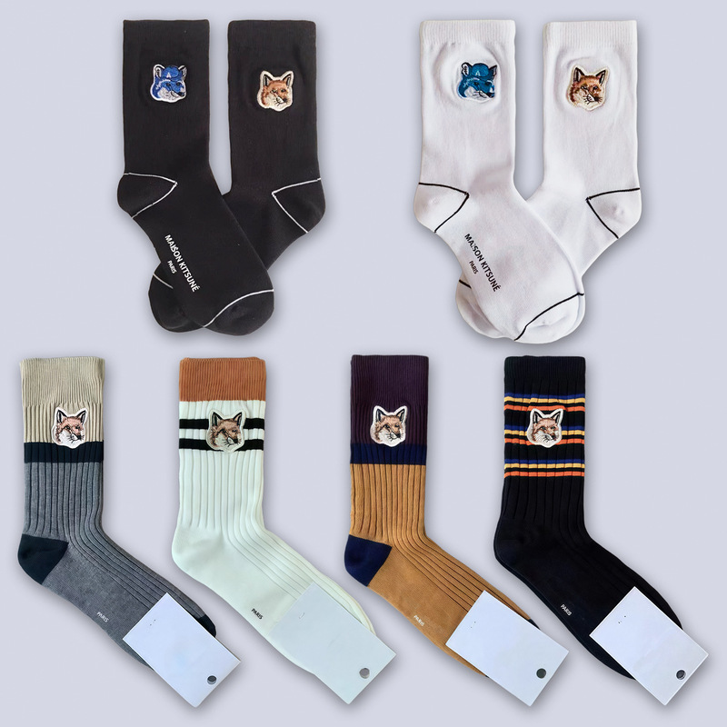 Maisonkitsune Socks Fox Embroider Double Needle Color Matching Niche Mid-Tube Ins Trendy Cartoon Women's Socks Preppy Style