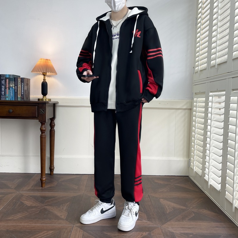 Juveniles hombres otoño y invierno más terciopelo traje casual cardigan encapuchado pantalones largos de dos piezas traje casual de hombre