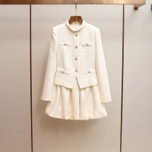 SP家秋冬新款法式气质小香风假两件高级钻扣收腰短款花苞连衣裙女