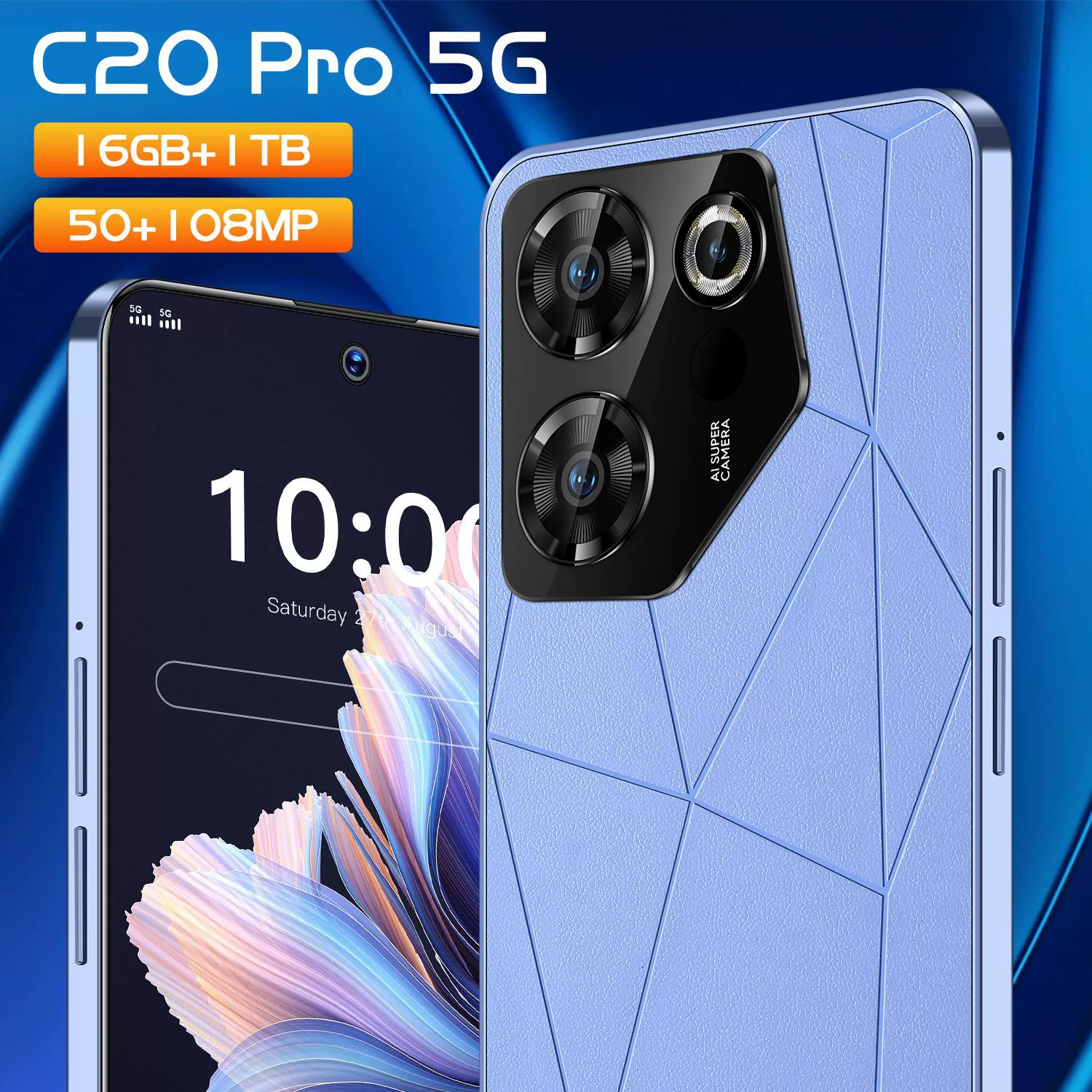 Мобильный телефон C20, 5G, 7.3" широкоформатный экран, 32 ГБ, разблокировка отпечатком пальца