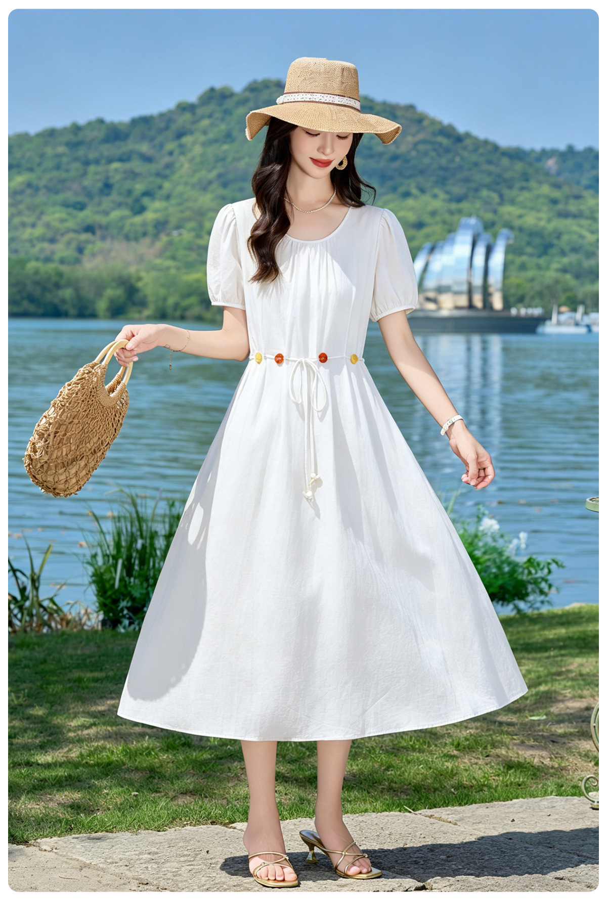 Đầm suông midi cổ V eo thắt dây dáng chữ A tay ngắn — Xanh lông mòng đen, màu trắng, màu vàng chi tiết 5