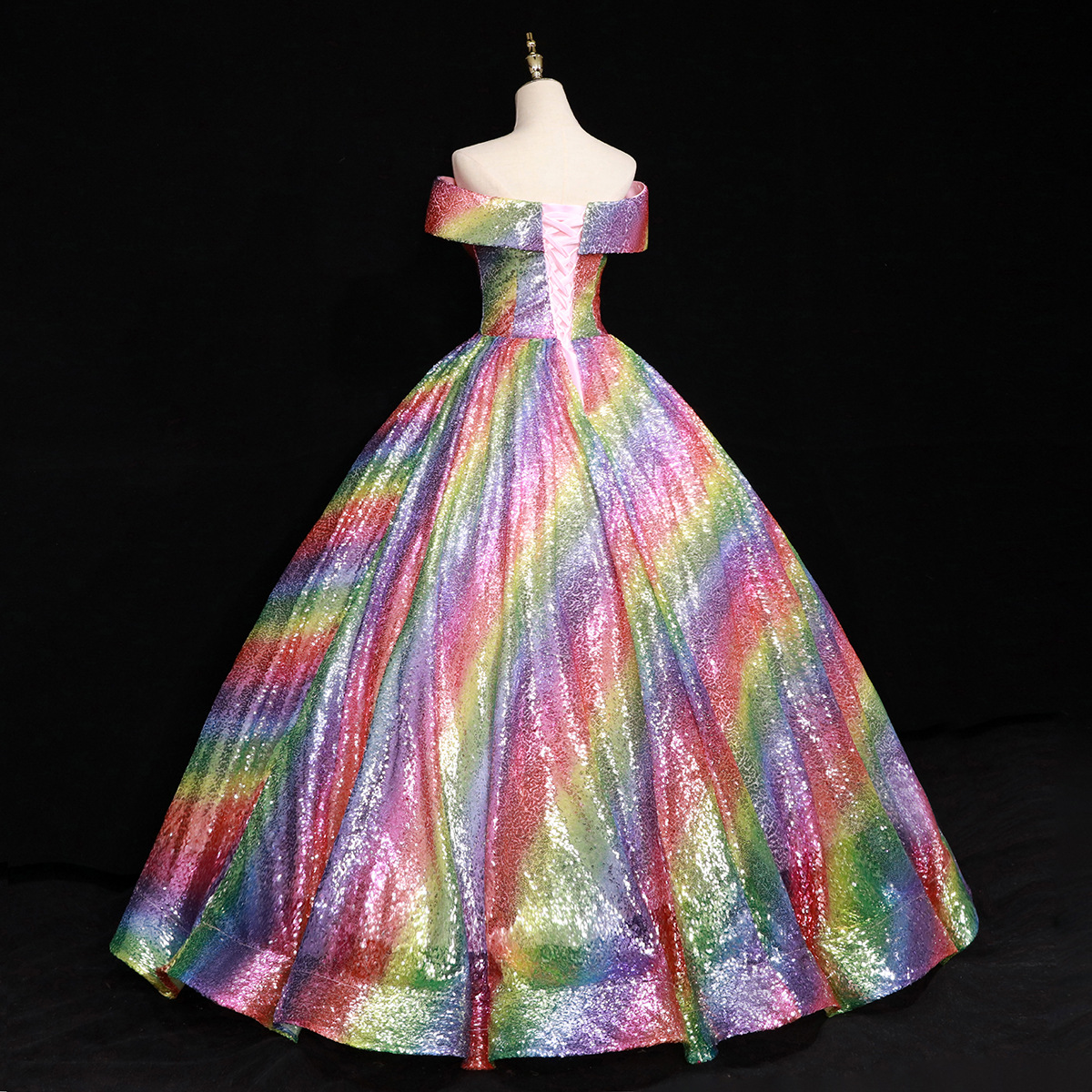 Damenbekleidung Braut verträumtes buntes Paillettenball-Performance-Kostüm mit einer Schulter Hochzeitskleid_voghion.com