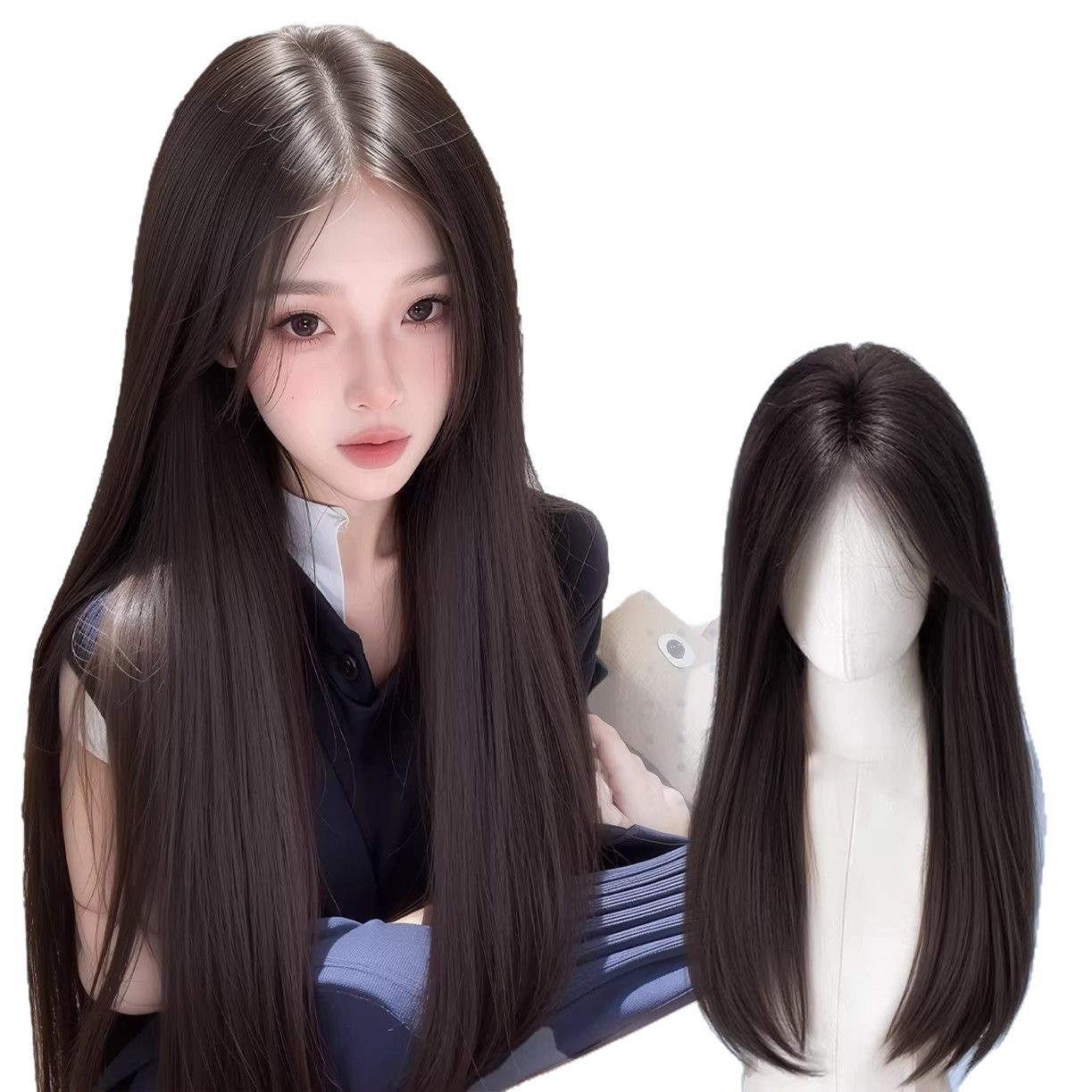 Peruca Connie sem necessidade de rede de cabelo, peruca feminina longa e reta no meio, parte superior volumosa, sem costura invisível