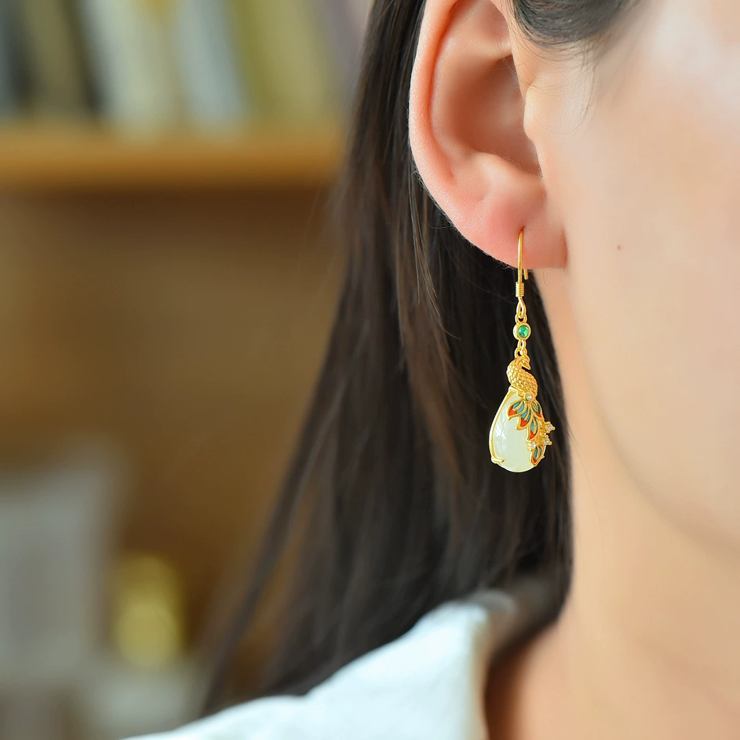 Серебряные висячие серьги с павлином и нефритом Hetian S925